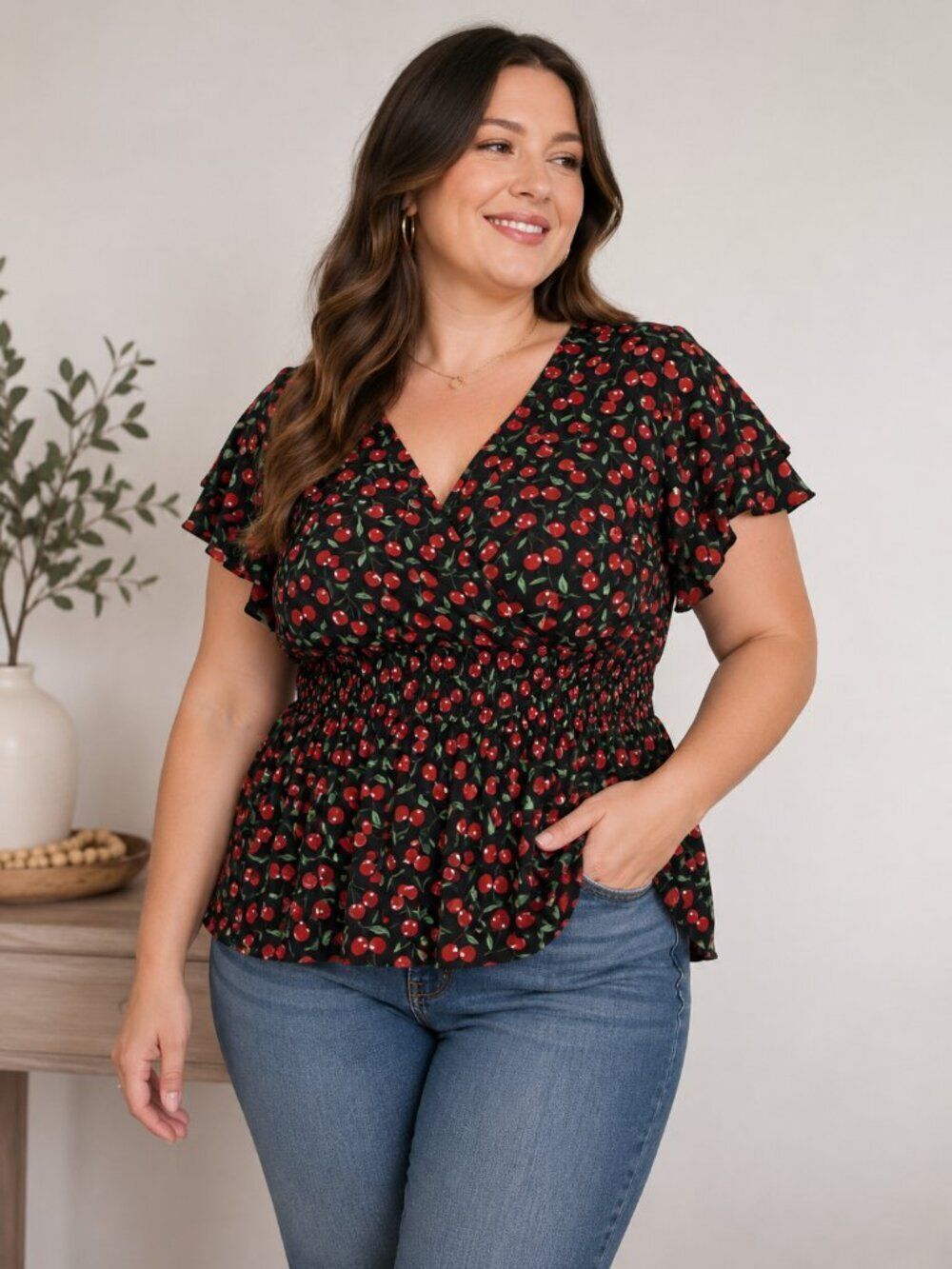 Sweet Rain Cherry Print Smocked Peplum Blouse Top 2X Cottagecore